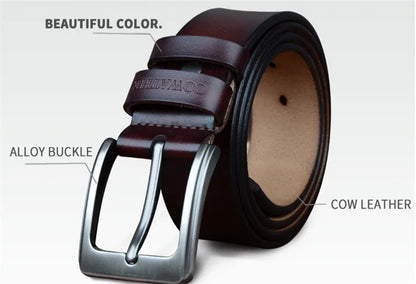 Mens Genuine Cowhide Leather Belt Vintage Plate Buckle Jeans Belt XF00 - Buckle Detail - QHA UK