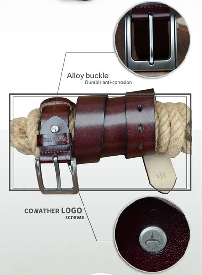 Mens Genuine Cowhide Leather Belt Vintage Plate Buckle Jeans Belt XF00 - Buckle Detail - QHA UK