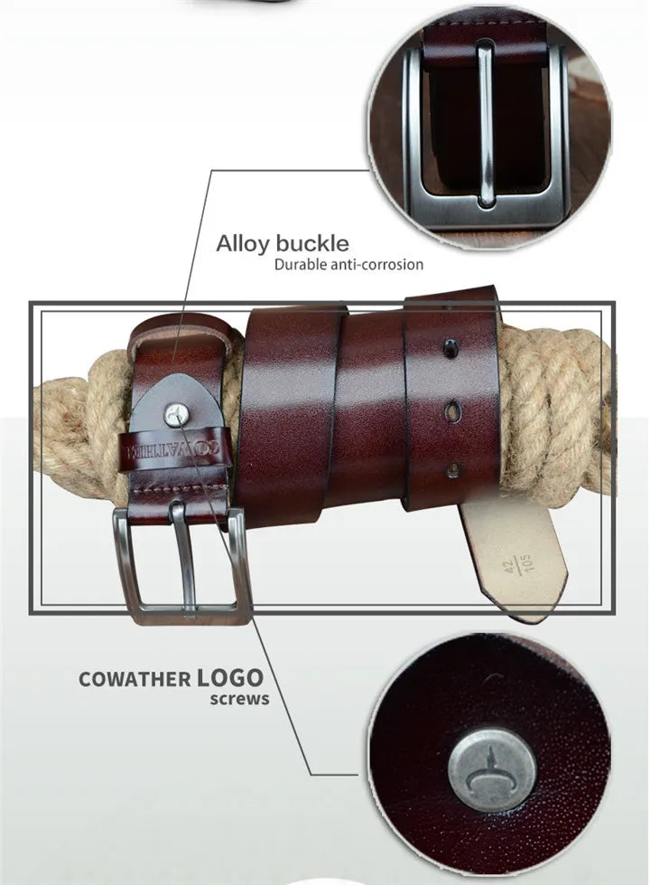 Mens Genuine Cowhide Leather Belt Vintage Plate Buckle Jeans Belt XF00 - Buckle Detail - QHA UK