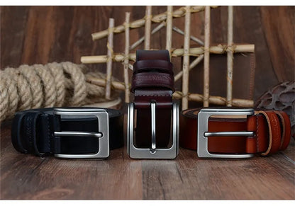 Mens Genuine Cowhide Leather Belt Vintage Plate Buckle Jeans Belt XF00 - Buckle Detail - QHA UK
