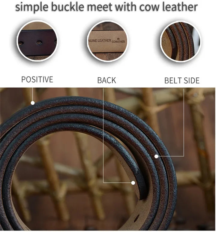 Mens Genuine Cowhide Leather Belt Vintage Plate Buckle Jeans Belt XF00 - Buckle Detail - QHA UK