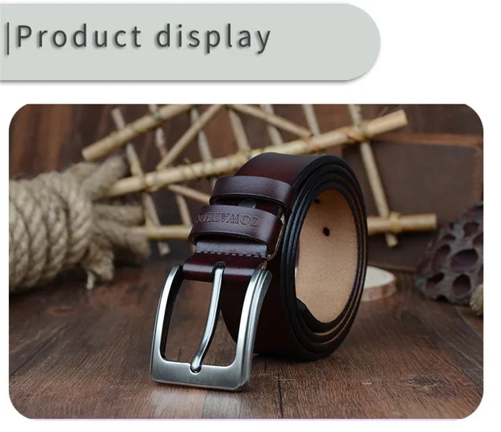 Mens Genuine Cowhide Leather Belt Vintage Plate Buckle Jeans Belt XF00 - Buckle Detail - QHA UK