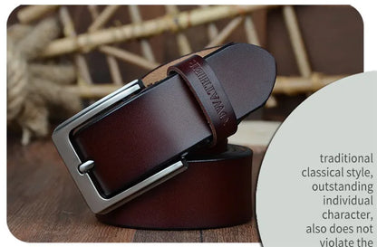 Mens Genuine Cowhide Leather Belt Vintage Plate Buckle Jeans Belt XF00 - Buckle Detail - QHA UK
