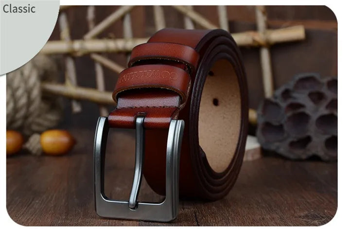 Mens Genuine Cowhide Leather Belt Vintage Plate Buckle Jeans Belt XF00 - Buckle Detail - QHA UK