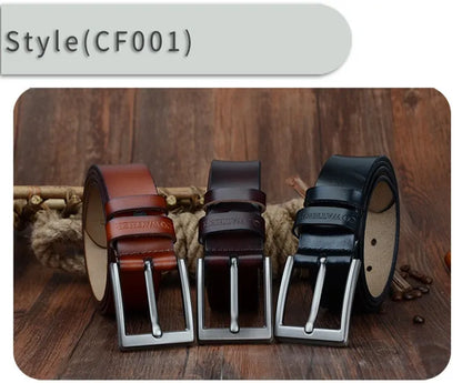 Mens Genuine Cowhide Leather Belt Vintage Plate Buckle Jeans Belt XF00 - Buckle Detail - QHA UK