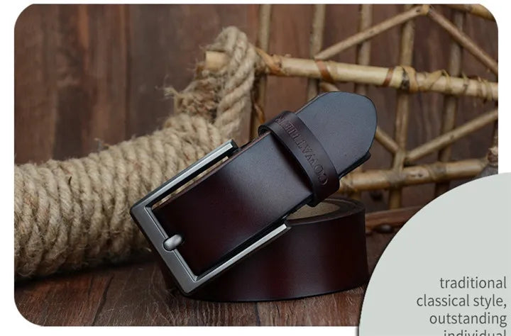 Mens Genuine Cowhide Leather Belt Vintage Plate Buckle Jeans Belt XF00 - Buckle Detail - QHA UK