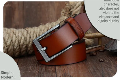 Mens Genuine Cowhide Leather Belt Vintage Plate Buckle Jeans Belt XF00 - Buckle Detail - QHA UK