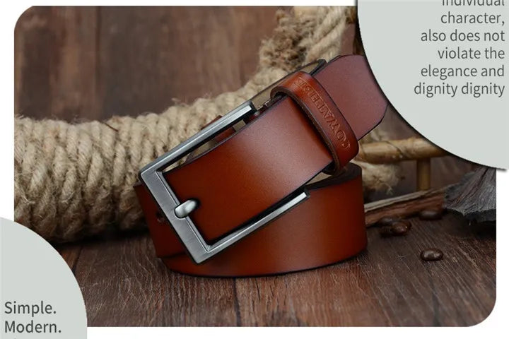 Mens Genuine Cowhide Leather Belt Vintage Plate Buckle Jeans Belt XF00 - Buckle Detail - QHA UK