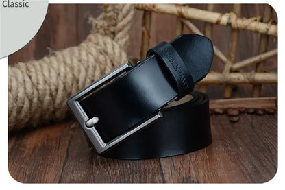 Mens Genuine Cowhide Leather Belt Vintage Plate Buckle Jeans Belt XF00 - Buckle Detail - QHA UK