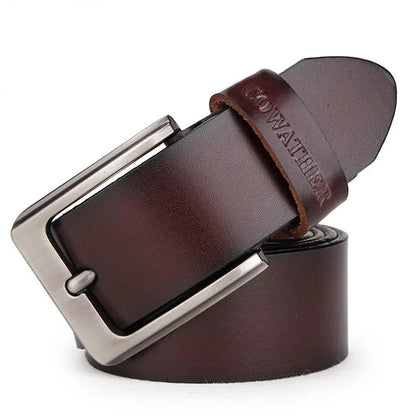 Mens Genuine Cowhide Leather Belt Vintage Plate Buckle Jeans Belt XF00 - Buckle Detail - QHA UK