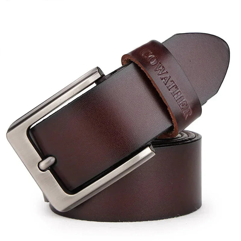 Mens Genuine Cowhide Leather Belt Vintage Plate Buckle Jeans Belt XF00 - Buckle Detail - QHA UK