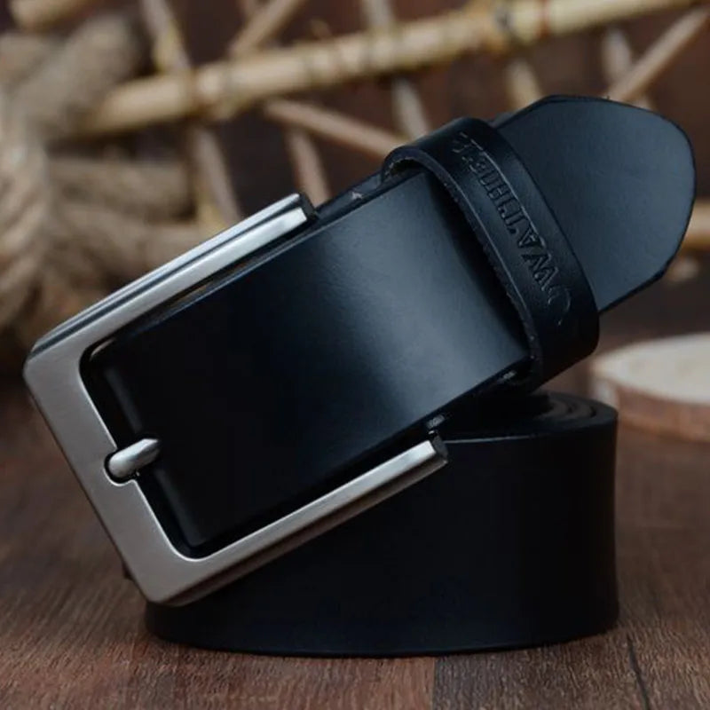 Mens Genuine Cowhide Leather Belt Vintage Plate Buckle Jeans Belt XF00 - Buckle Detail - QHA UK