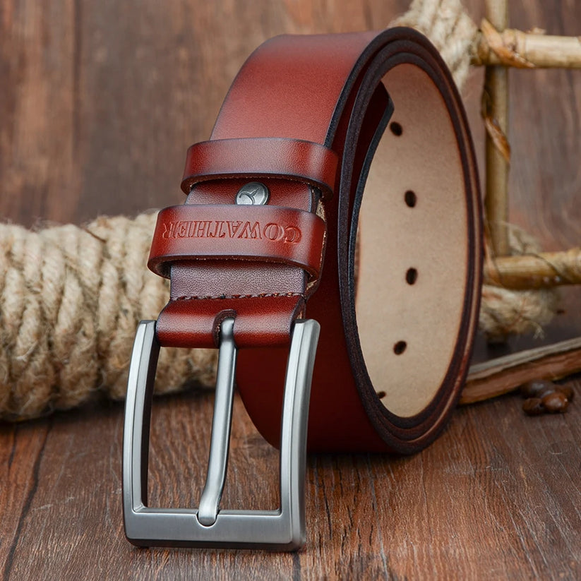 Mens Genuine Cowhide Leather Belt Vintage Plate Buckle Jeans Belt XF00 - Buckle Detail - QHA UK
