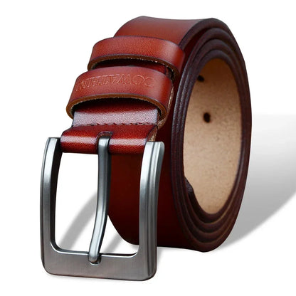 Mens Genuine Cowhide Leather Belt Vintage Plate Buckle Jeans Belt XF00 - Buckle Detail - QHA UK