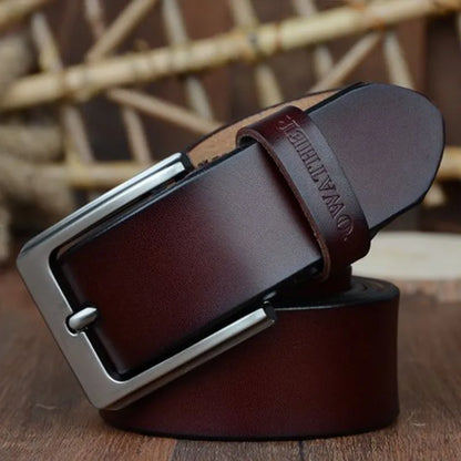 Mens Genuine Cowhide Leather Belt Vintage Plate Buckle Jeans Belt XF00 - Buckle Detail - QHA UK