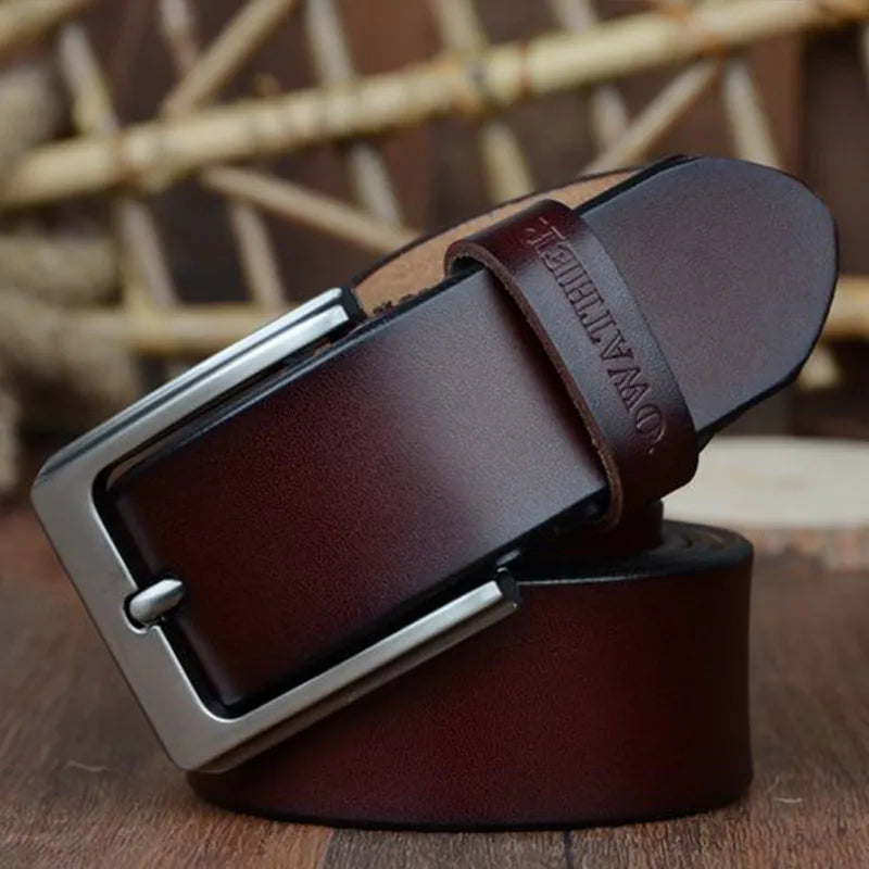 Mens Genuine Cowhide Leather Belt Vintage Plate Buckle Jeans Belt XF00 - Buckle Detail - QHA UK