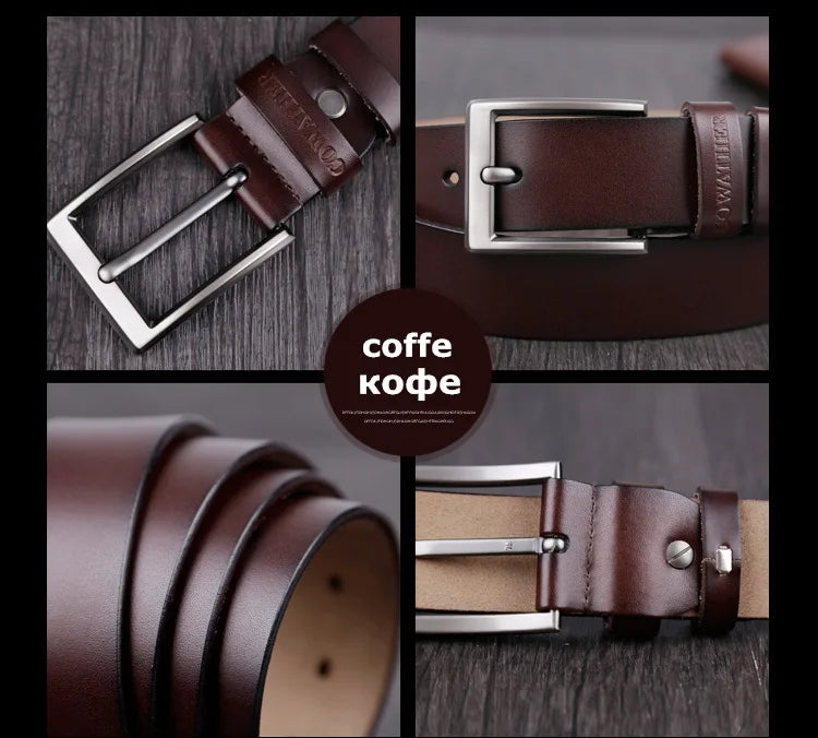 Mens Genuine Cowhide Leather Belt Vintage Plate Buckle Jeans Belt XF00 - Buckle Detail - QHA UK