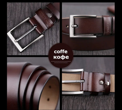 Mens Genuine Cowhide Leather Belt Vintage Plate Buckle Jeans Belt XF00 - Buckle Detail - QHA UK