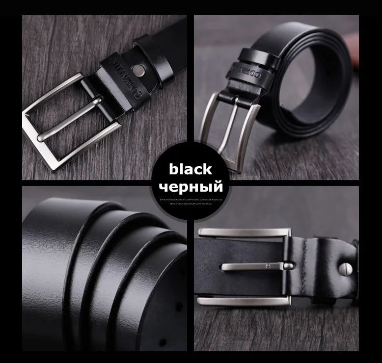 Mens Genuine Cowhide Leather Belt Vintage Plate Buckle Jeans Belt XF00 - Buckle Detail - QHA UK