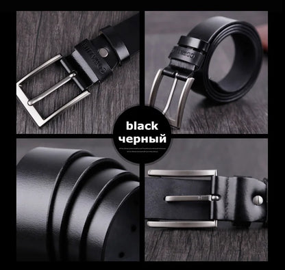 Mens Genuine Cowhide Leather Belt Vintage Plate Buckle Jeans Belt XF00 - Buckle Detail - QHA UK