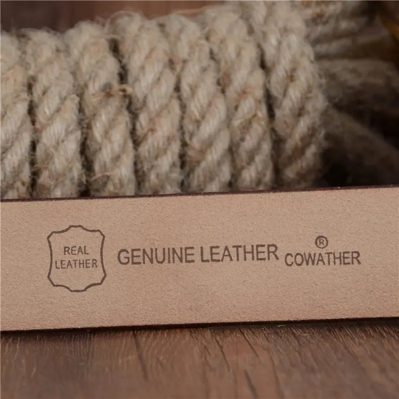 Mens Genuine Cowhide Leather Belt Vintage Plate Buckle Jeans Belt XF00 - Buckle Detail - QHA UK