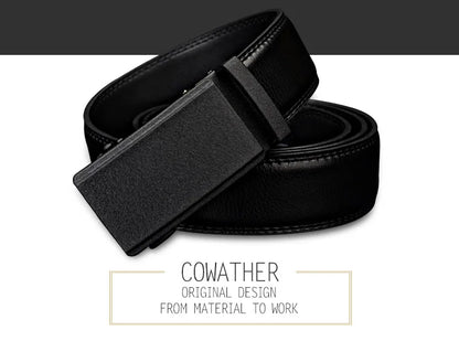 Mens Genuine Leather Ratchet Belt Automatic Buckle Black Adjustable Wa - Buckle Detail - QHA UK