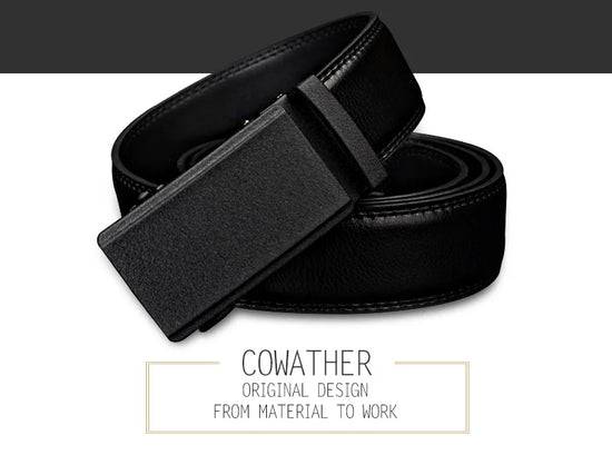 Mens Genuine Leather Ratchet Belt Automatic Buckle Black Adjustable Wa - Buckle Detail - QHA UK