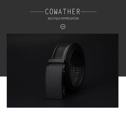 Mens Genuine Leather Ratchet Belt Automatic Buckle Black Adjustable Wa - Buckle Detail - QHA UK