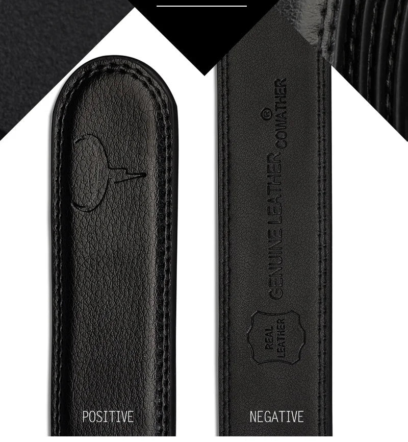 Mens Genuine Leather Ratchet Belt Automatic Buckle Black Adjustable Wa - Buckle Detail - QHA UK