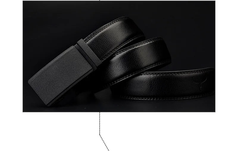 Mens Genuine Leather Ratchet Belt Automatic Buckle Black Adjustable Wa - Buckle Detail - QHA UK