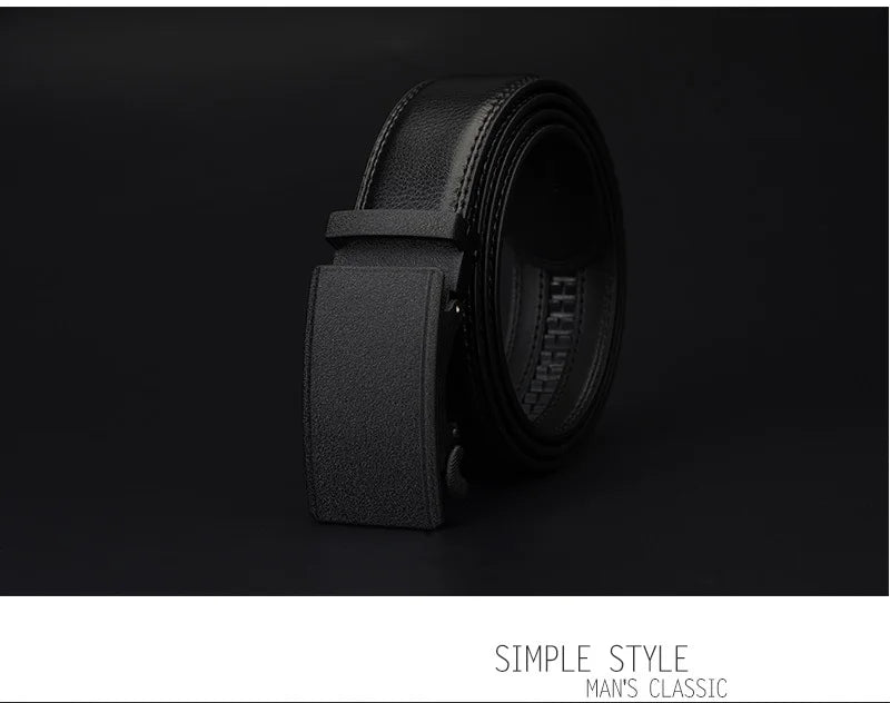 Mens Genuine Leather Ratchet Belt Automatic Buckle Black Adjustable Wa - Buckle Detail - QHA UK