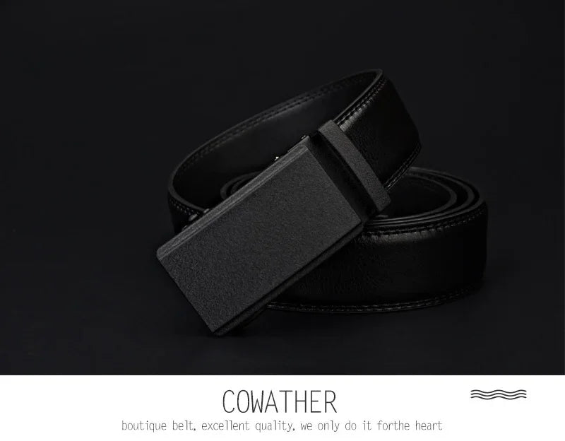 Mens Genuine Leather Ratchet Belt Automatic Buckle Black Adjustable Wa - Buckle Detail - QHA UK