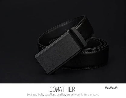 Mens Genuine Leather Ratchet Belt Automatic Buckle Black Adjustable Wa - Buckle Detail - QHA UK