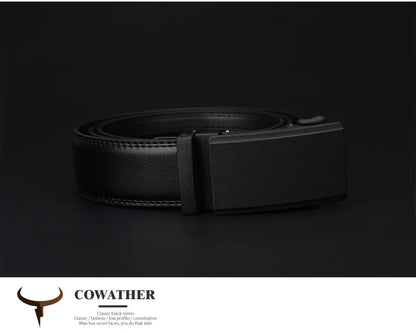 Mens Genuine Leather Ratchet Belt Automatic Buckle Black Adjustable Wa - Buckle Detail - QHA UK