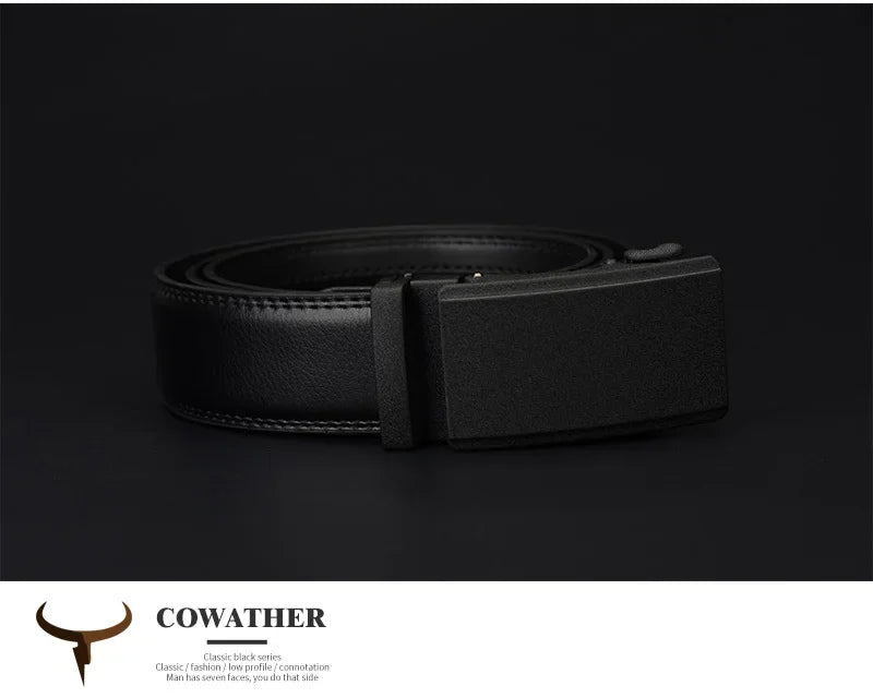 Mens Genuine Leather Ratchet Belt Automatic Buckle Black Adjustable Wa - Buckle Detail - QHA UK