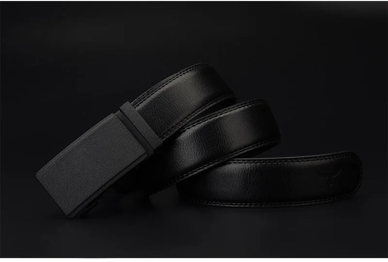 Mens Genuine Leather Ratchet Belt Automatic Buckle Black Adjustable Wa - Buckle Detail - QHA UK