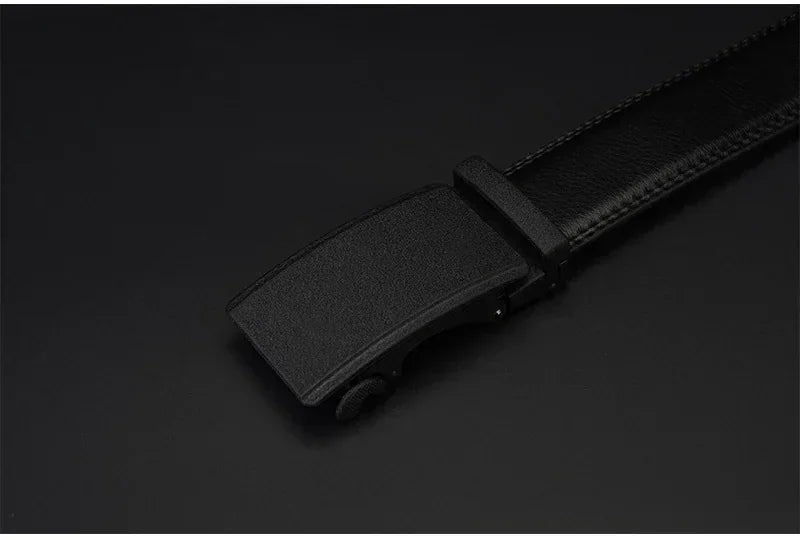 Mens Genuine Leather Ratchet Belt Automatic Buckle Black Adjustable Wa - Buckle Detail - QHA UK
