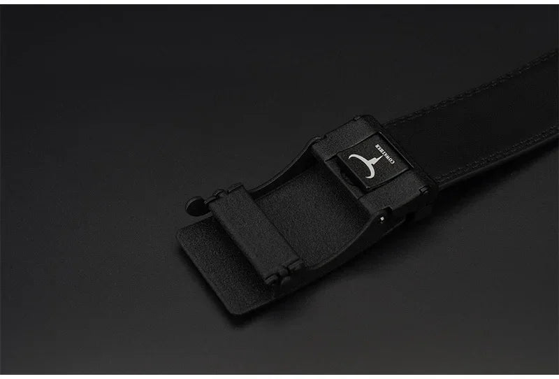Mens Genuine Leather Ratchet Belt Automatic Buckle Black Adjustable Wa - Buckle Detail - QHA UK