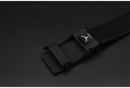 Mens Genuine Leather Ratchet Belt Automatic Buckle Black Adjustable Wa - Buckle Detail - QHA UK