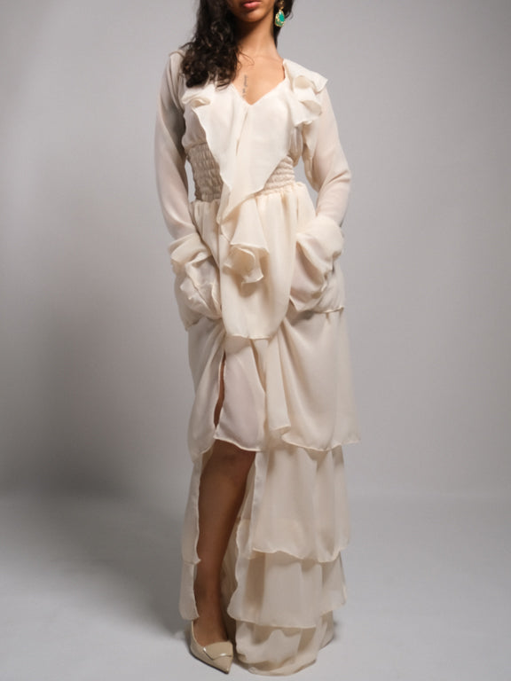 Ensogirl Women's Cream Chiffon Ruffle Maxi Dress | Handmade | QHA UK - QHA UK