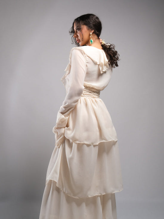 Ensogirl Women's Cream Chiffon Ruffle Maxi Dress | Handmade | QHA UK - QHA UK