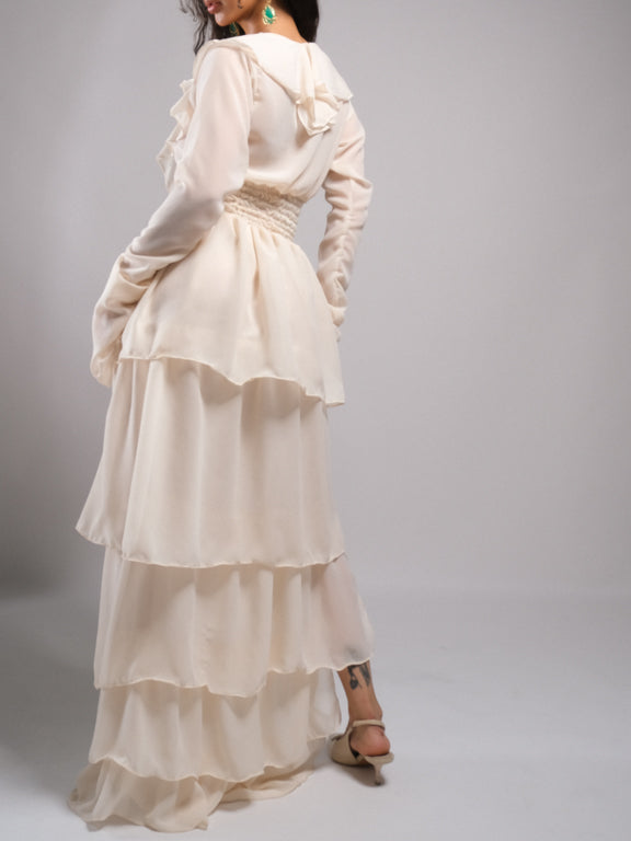 Ensogirl Women's Cream Chiffon Ruffle Maxi Dress | Handmade | QHA UK - QHA UK