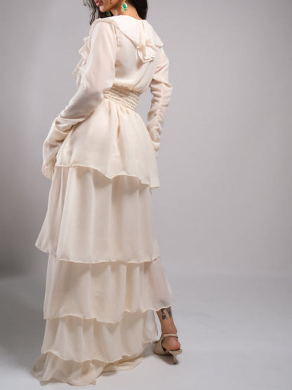 Ensogirl Women's Cream Chiffon Ruffle Maxi Dress | Handmade | QHA UK - QHA UK