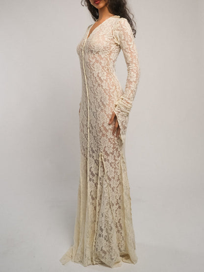 Ensogirl Ivory Lace Trumpet Bridal Maxi Dress Long Sleeve | QHA UK - QHA UK