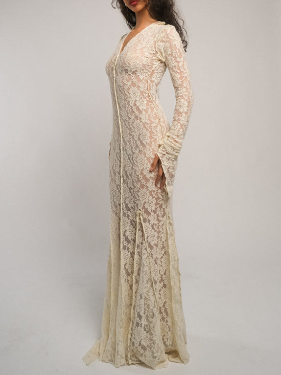 Ensogirl Ivory Lace Trumpet Bridal Maxi Dress Long Sleeve | QHA UK - QHA UK