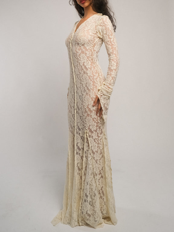 Ensogirl Ivory Lace Trumpet Bridal Maxi Dress Long Sleeve | QHA UK - QHA UK