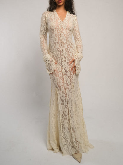 Ensogirl Ivory Lace Trumpet Bridal Maxi Dress Long Sleeve | QHA UK - QHA UK