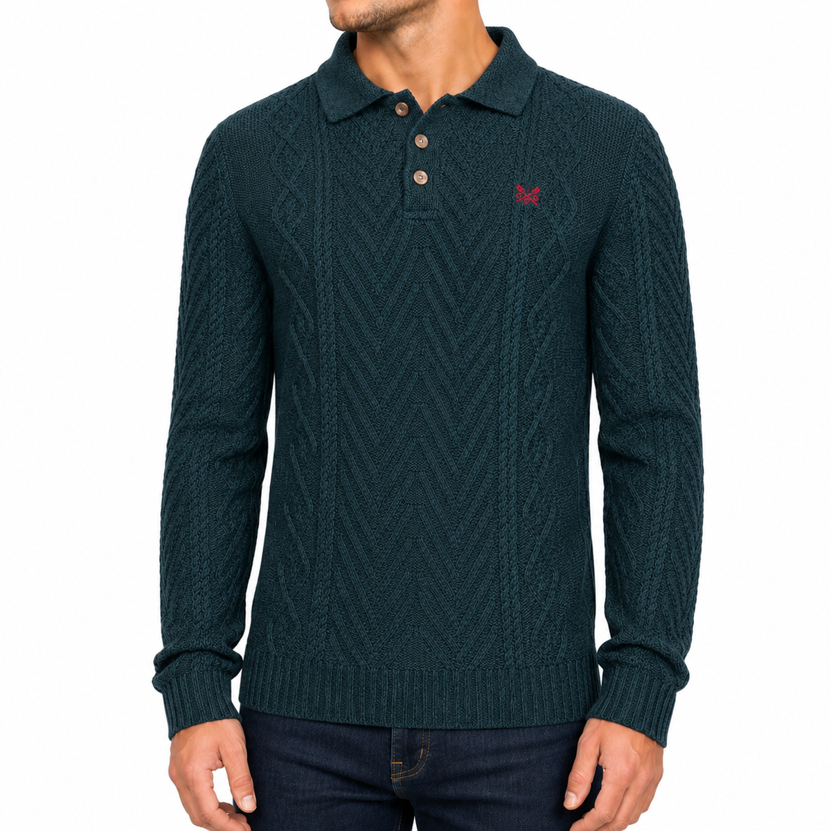 Crew Clothing Company Men's Cable Knit Button Neck Jumper | 6 Colours | XS–3XL - QHA UK