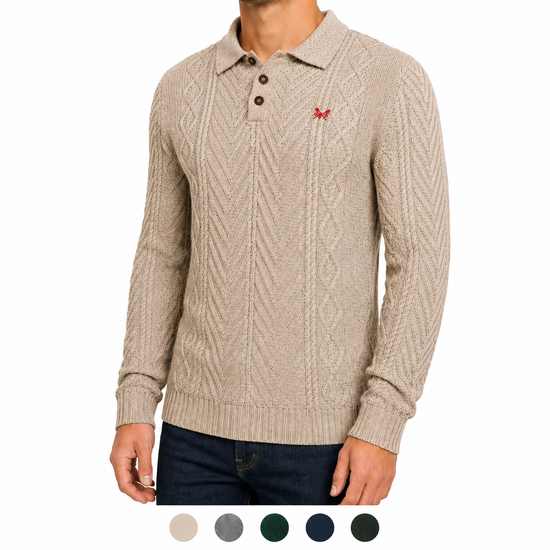 Crew Clothing Company Men's Cable Knit Button Neck Jumper | 6 Colours | XS–3XL - QHA UK