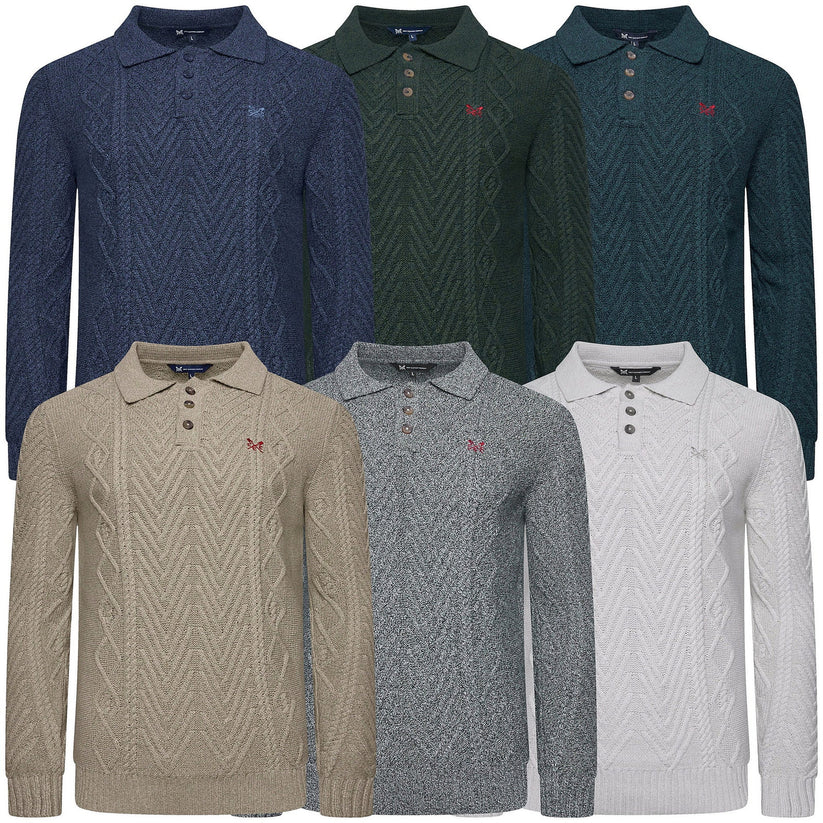 Crew Clothing Company Men's Cable Knit Button Neck Jumper | 6 Colours | XS–3XL - Collar Detail - QHA UK